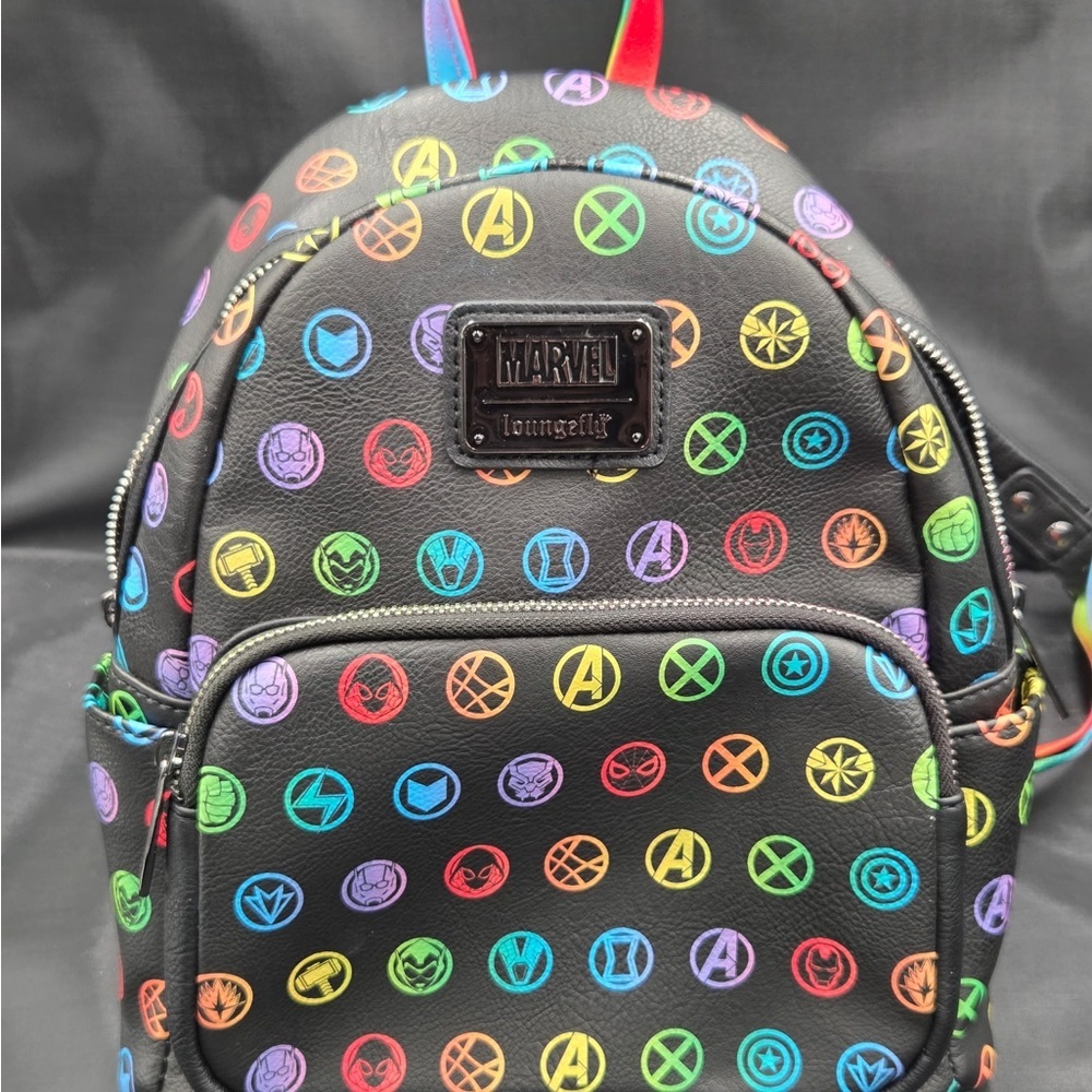 Loungefly Marvel Black Backpack with Colorful Icons